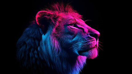 Poster - Studio portrait of a male lion with vibrant pink and blue neon lights highlighting its majestic features against a black background
