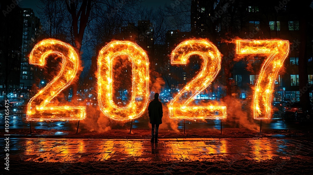 Happy New Year Celebration 2027: Illuminated Skyline with Fireworks