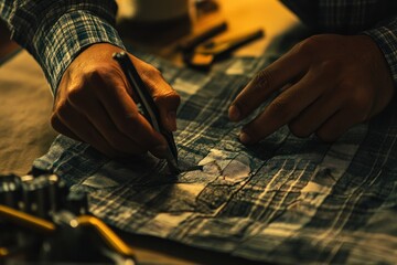 Aufkleber - A person sketching on fabric with tools nearby, suggesting a creative or crafting process.