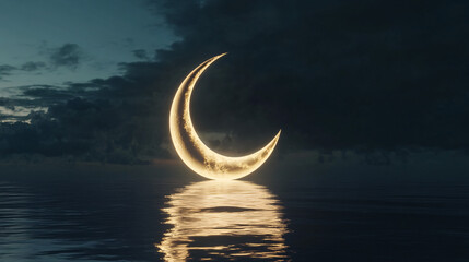 Wall Mural - Glowing crescent moon reflected on calm ocean water under dark cloudy night sky