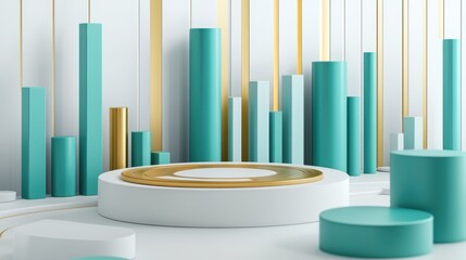 Leinwandbilder - Abstract geometric composition with cylindrical shapes and bars in turquoise and gold tones.