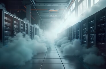 Poster - Smoke fills server room corridor. Data center racks stand in haze. Network security breach. Cyber attack threat. System failure. Digital data loss. Confidential information at risk. Tech
