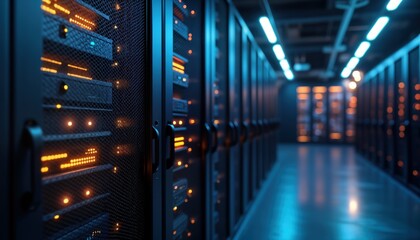 Poster - Modern server room interior. Network data center. Rows of computer racks. infrastructure. Digital technology. Global communication. High tech equipment. Data storage. Cloud computing. Business