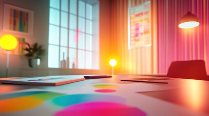 Aufkleber - A vibrant workspace with colorful design elements and warm lighting.