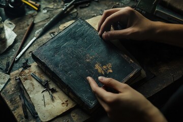 Poster - A person gently handling an old, worn book on a rustic workspace filled with tools.