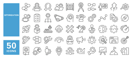 Set of 50 line icons related to optimization, process, workflow, operation, transmission, operation, management, progress, Editable stroke. Vector illustration
