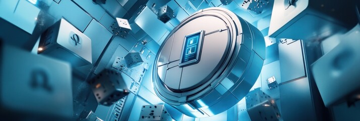 Aufkleber - A futuristic digital landscape featuring a secure vault and floating data blocks.