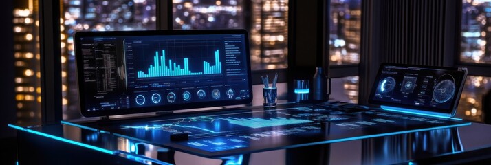 Poster - A futuristic workspace with advanced digital displays and data analytics tools.