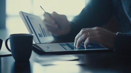 Aufkleber - A person using a tablet and laptop for data analysis, with a coffee cup nearby.