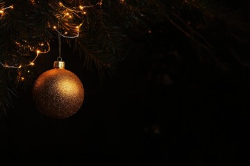 Aufkleber - A golden Christmas ornament glistens in the soft light, suspended from a lush pine branch adorned with additional decorations. Generative AI