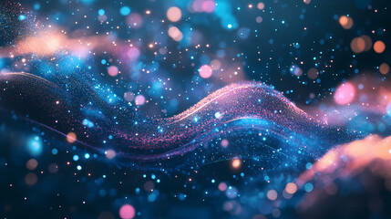 Wall Mural - Abstract 3d digital art of wavy lines and glowing particles with a dark blue background and pink and blue lights. Galaxy Ripple Dreams. Illustration