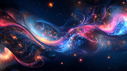 Wall Mural - Abstract 3d digital art of wavy lines and glowing particles with a dark blue background and pink and blue lights. Galaxy Ripple Dreams. Illustration