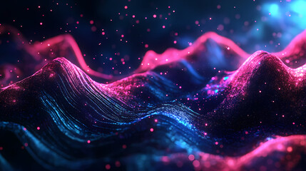 Wall Mural - Abstract 3d digital art of wavy lines and glowing particles with a dark blue background and pink and blue lights. Galaxy Ripple Dreams. Illustration