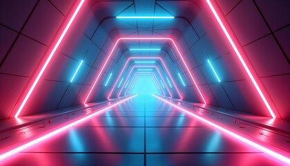 Aufkleber - Futuristic tunnel glows pink blue neon. Abstract geometric corridor design. Sci-fi 3D render. Modern tech background. Virtual space. Bright digital art. Network connection. Creative graphic. Trendy