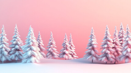 Poster - 3d rendering of a beautiful winter landscape with snowy fir trees on a hill against a pink and blue pastel sky