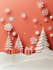 Poster - Cut-out trees and snowflakes decorate a holiday card, adding charm and creativity to the festive season with vibrant colors and shapes. Generative AI