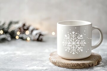 Wall Mural - cozy mug with snowflake design, festive winter background