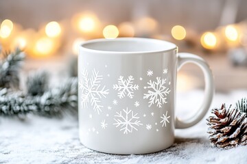 Wall Mural - cozy winter concept with snowflake mug and warm lights