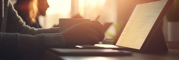 Poster - A person working on a tablet while holding a coffee cup in a warm, sunlit environment.