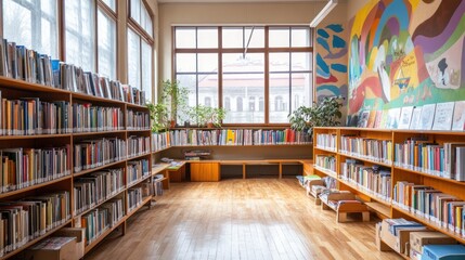 Aufkleber - A cozy library interior featuring bookshelves, wooden floors, and colorful wall art.