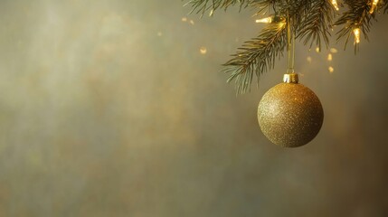 Poster - A golden ornament glimmers on a pine branch, illuminated by soft lights, creating a festive atmosphere during the holiday season. Generative AI