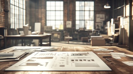 Poster - A bright workspace with documents and charts on a wooden table, suggesting planning or analysis.