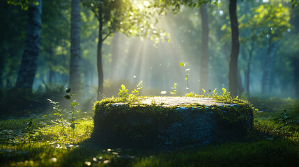 Poster - Magical forest glade with sunbeams casting an enchanting glow on mossy stone podium at sunrise