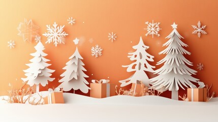 Poster - Crafting seasonal cheer with a holiday card showcasing delicate cut-out trees and whimsical decorations in soft orange hues. Generative AI