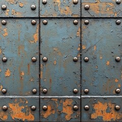 Sticker - A weathered metal surface with rust and rivets, showcasing industrial decay and texture.