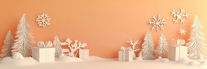 Aufkleber - Holiday card designed with delicate paper cut-outs of snowy trees and decorative elements, showcasing a festive winter atmosphere. Generative AI
