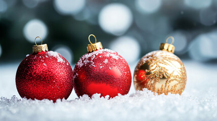 Aufkleber - Christmas balls with snow resting on a snowy surface with blurred christmas lights in the background