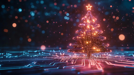 Poster - Sparkling electronic circuit christmas tree representing technological progress and holiday cheer