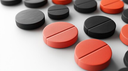Aufkleber - A collection of red and black circular tokens arranged on a flat surface.