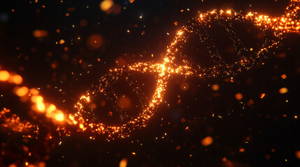 Fototapete - Orange particles forming a dna double helix rotating on a black background with glowing particles