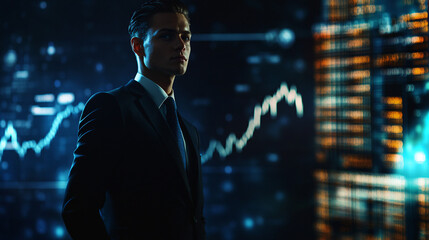Poster - Businessman analyzing financial data and graphs showing growing profits on a screen in a dimly lit room