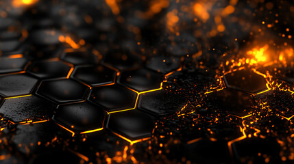 Leinwandbilder - Black metallic hexagonal surface with orange glowing edges breaking apart, creating a futuristic and technological feel