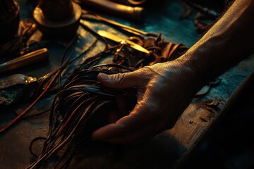 Aufkleber - A hand gently holds a bundle of leather strips on a cluttered workbench.