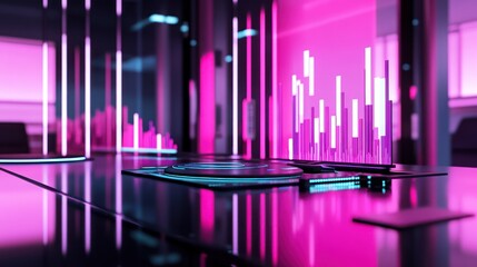 Poster - Futuristic workspace with glowing graphs and digital interfaces.