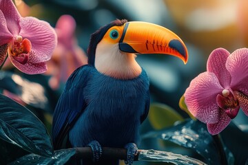 a vibrant toucan with a striking beak is perched amidst rich foliage in a lush tropical jungle.