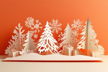 Aufkleber - Crafted holiday card features intricate cut-out trees and snowflakes, creating a festive winter scene with small gift boxes in the foreground. Generative AI