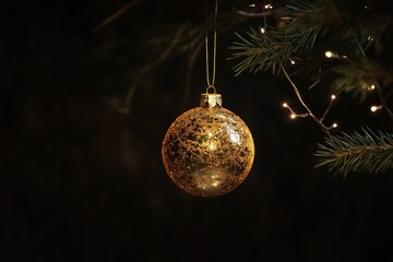 Poster - A shimmering golden ornament dangles gracefully from a pine branch, enhancing the festive beauty of a holiday tree in the evening light. Generative AI
