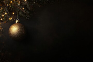 Poster - A golden ornament glimmers on a pine branch, surrounded by soft twinkling lights, creating a festive holiday atmosphere. Generative AI