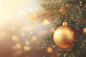 Poster - A golden Christmas ornament glimmers on a pine branch, enhancing the holiday atmosphere with warm, twinkling lights in the background. Generative AI