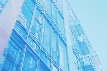 Poster - A modern glass building reflecting a blue sky, showcasing contemporary architecture.