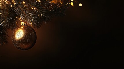 Aufkleber - A golden Christmas ornament glimmers on a pine branch, illuminated by warm lights, creating a festive atmosphere during the holidays. Generative AI