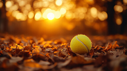 Poster - Bright yellow tennis ball lies on a bed of crisp brown autumn leaves, bathed in the warm glow of a setting sun