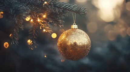 Poster - A golden Christmas ornament shimmers on a pine branch surrounded by warm festive lights, creating a cozy holiday atmosphere. Generative AI