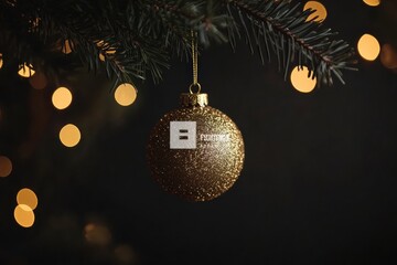 Poster - A golden ornament shines brightly as it dangles from a lush pine branch, surrounded by soft, glowing lights creating a festive atmosphere. Generative AI
