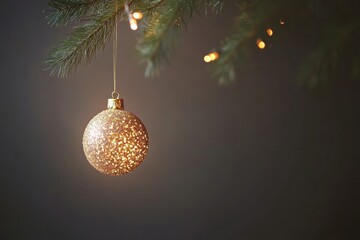 Poster - A shiny golden ornament dangles from a lush pine branch, reflecting warm light in a cozy holiday atmosphere. Generative AI