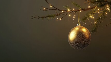 Poster - A golden ornament hangs elegantly from a pine branch, surrounded by soft glowing lights, creating a festive atmosphere during the holidays. Generative AI